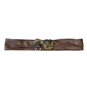 Vintage Leather Belt Metal Brutalist Buckle Tan Taupe One Size